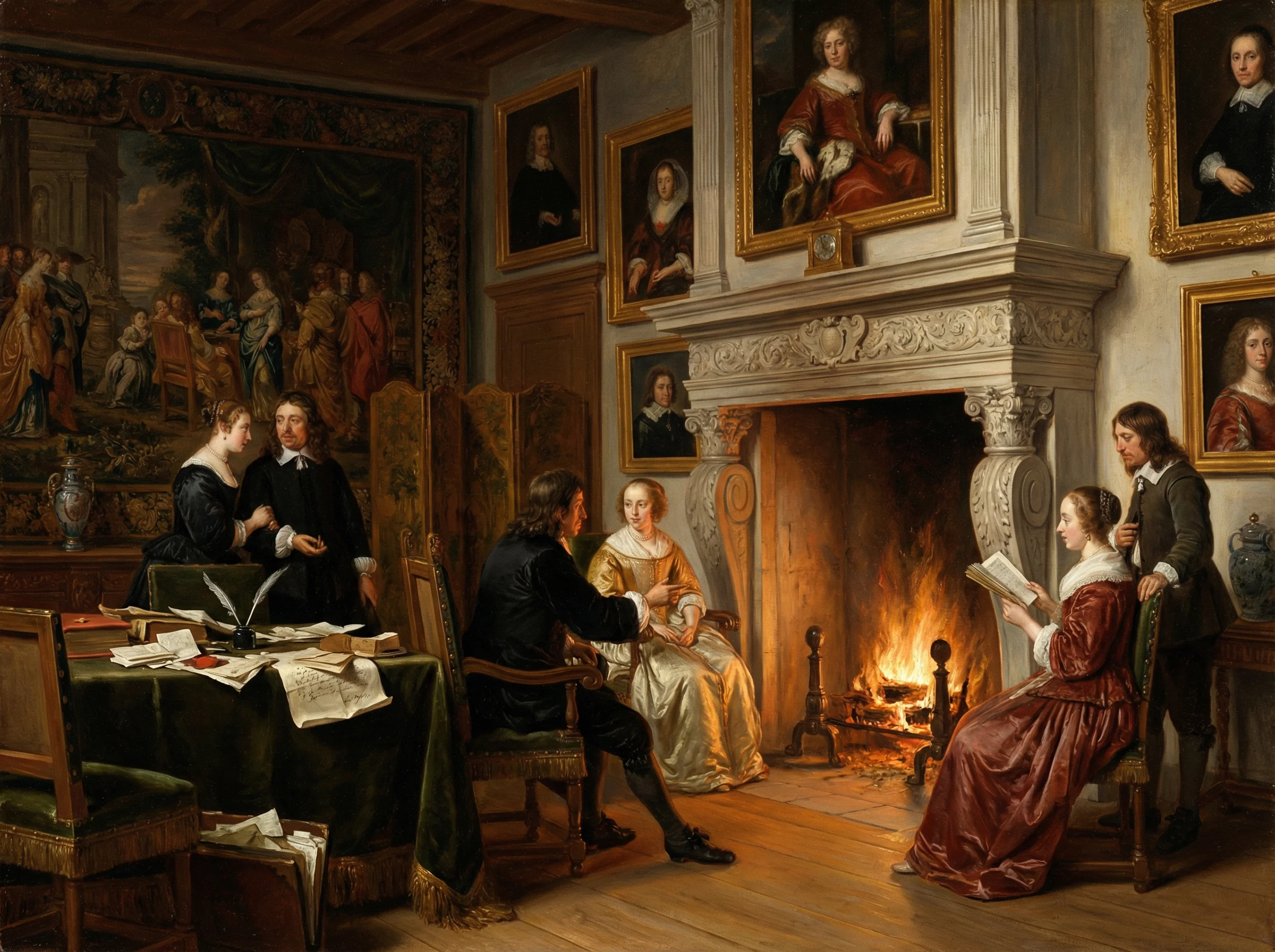 巅峰国际万博体育用户体验评测 - 贵族沙龙壁炉旁的温馨场景古典油画